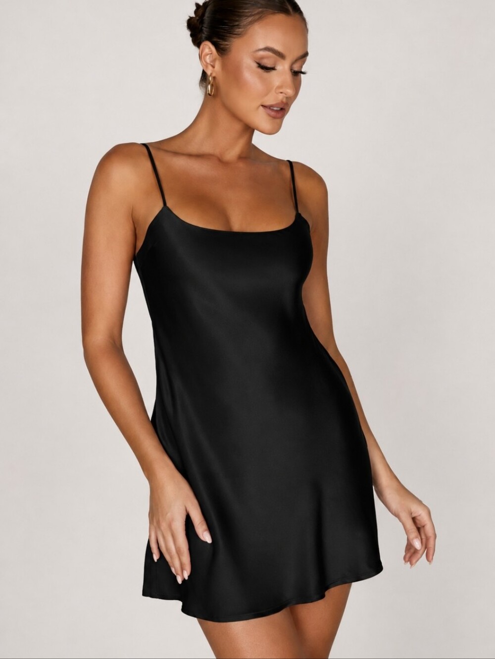 Meshki Valentina Black Satin Slip Chemise Mini Dress